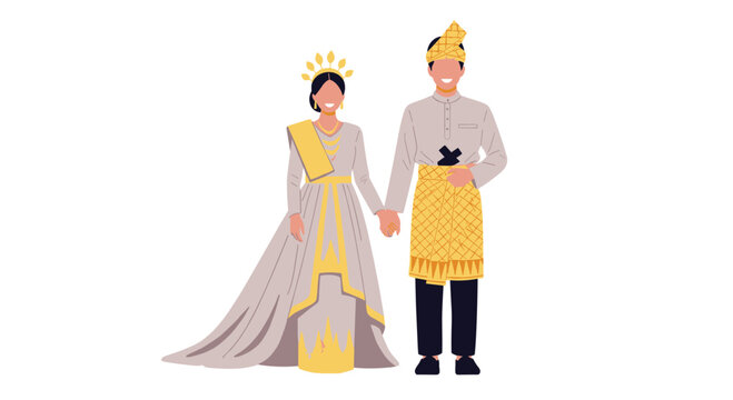 Wedding couple dressed in traditional Malay bridal attire, featuring elegant white and gold garments with a Tanjak and crown for a celebration.