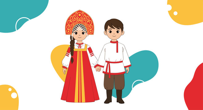 Couple dressed in traditional Russian folk costumes, featuring a red sarafan with a kokoshnik for the woman and a white rubashka for the man.