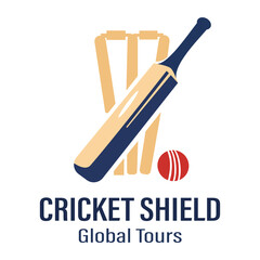 Cricket Shield Global Tours Logo Design Featuring Professional Cricket Bat, Ball, and Stumps Illustration - Sports Event and Travel Branding Vector