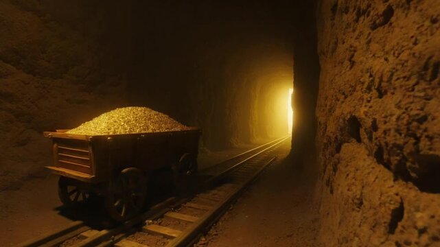 Underground Gold Mine Tunnel With Ore Cart and Warm Light