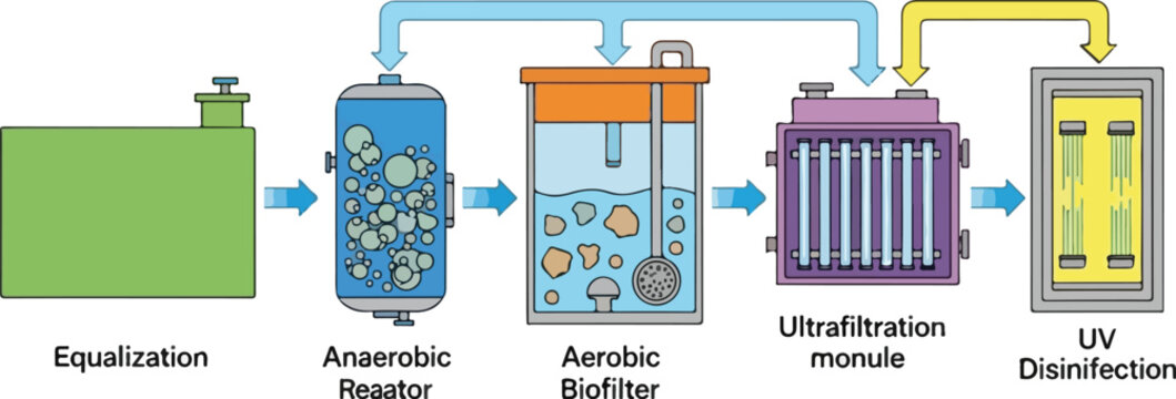 Water treatment process diagram showing Equalization, Anaerobic Reactor, Aerobic Biofilter, Ultrafiltration module, and UV Disinfection