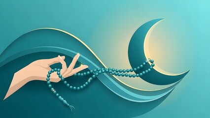 Spiritual illustration of a hand holding prayer beads with crescent moon background