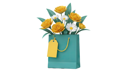 Bouquet of yellow roses and daisies in a teal gift bag with a yellow tag