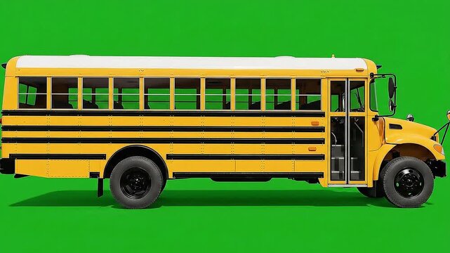 Yellow school bus isolated on green screen background