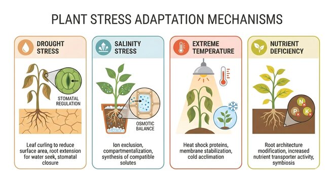 Plant Stress Adaptation Mechanisms: A detailed infographic depicting plant stress adaptation mechanisms, illustrating drought stress, salinity stress, extreme temperature effects.