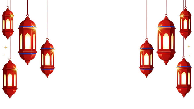 Beautiful ornate red lanterns hanging illuminated festive decoration on transparent background