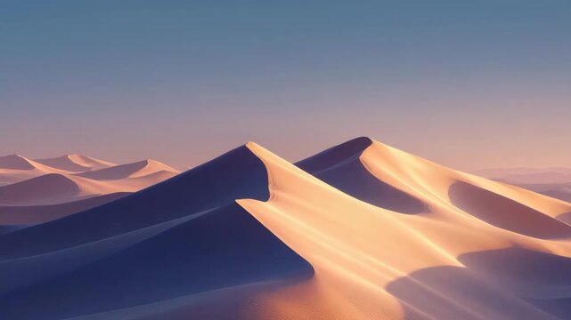 Golden sand dune ridge sunset with soft golden light and long shadow creating dramatic curves and serene arid desert landscape, golden sand dune ridge illuminated by warm sunrise light with gradient
