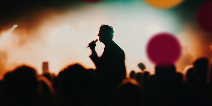Silhouette of a man holding a microphone on stage during a tech conference QandA, dramatic blue stage lighting with atmospheric haze and crowded audience, business presentation concept