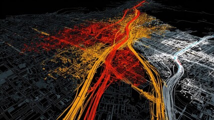Abstract data visualization of city with colorful lines against dark background
