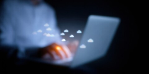 Businessman using laptop for artificial intelligence training with glowing neural cloud icons, custom automated business workflow solutions and copy space background