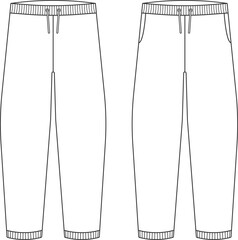 Minimalist fashion technical drawing of men s sweatpants displayed from front and back. Modern flat line illustration for sportswear design, garment specification sheets, and fashion templates.