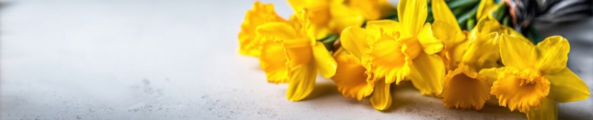 Yellow Daffodil Flowers in a Spring Bouquet Resting on a Neutral Linen Background with Ample Copy Space for Elegant Botanical Card Design or Minimalist Floristry