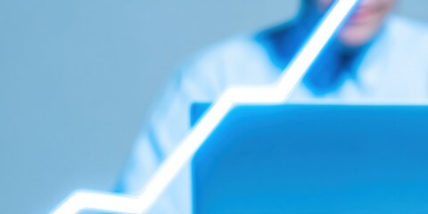 Businessman analyzing market growth trends with a neon digital dashboard for the year 2025, showing strategic financial success and future planning in a modern office