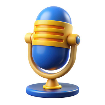 3d blue microphone with yellow details isolated on transparent background