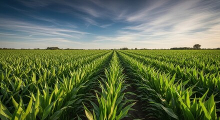 Vast green corn field stretching towards a clear blue sky at sunset, showcasing agricultural abundance and natural beauty.