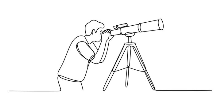 A person observing the night sky with a telescope in a continuous line art style drawing Vector, illustration