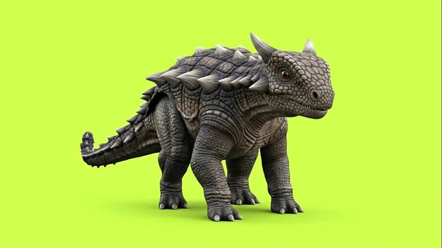 A detailed dinosaur model stands on a greenscreen background with a vibrant green color scheme.