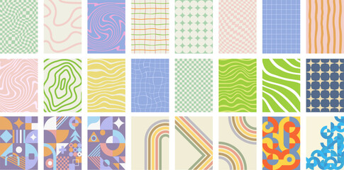 Large collection of trendy abstract patterns featuring geometric shapes, wavy lines, grids, and organic forms. Perfect for branding, packaging, wallpapers, and modern design projects.