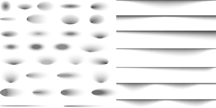 Set of blurred drop shadows and horizontal shadow elements isolated on white background. Perfect for adding depth, floating effects, and realism to visual projects.