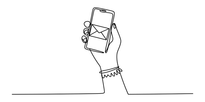 Continuous line art drawing of a hand holding a smartphone receiving a message Vector, illustration