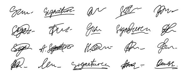 Doodle Fake Signature Autograph Set. Doodle Random Handwritten Sample Name Sign Signature Kit. Vector Handwriting Line Isolated Graphic Clipart