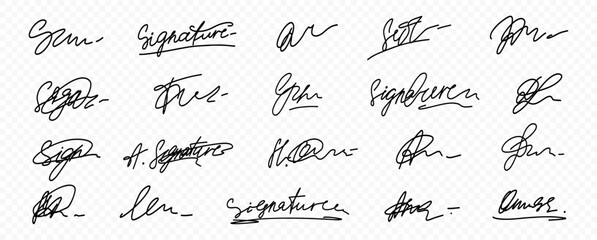 Doodle Fake Signature Autograph Set in Transparent Png. Doodle Random Handwritten Sample Name Sign Signature Kit. Vector Handwriting Line Isolated Graphic Clipart