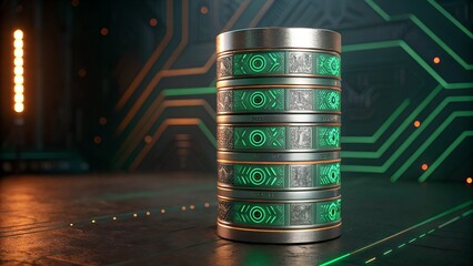Futuristic silver data storage cylinder with green circuit patterns on dark background