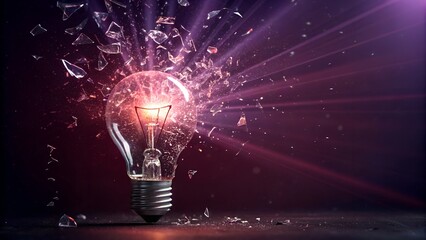 Exploding light bulb with pink glow on dark background, symbolizing creativity and innovation