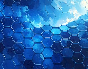 Hexagonal molecular grid, blue atomic lattice structure pattern. Clean science background for biotechnology, pharmacy, or genetic engineering concepts.