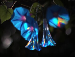 Glass wind chime hanging with morning glory flowers in a lush summer garden, beautiful aesthetic background for seasonal decoration, relaxation and wellness concepts