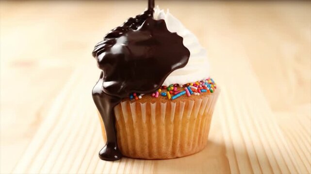 Delicious cupcake being drizzled with rich, dark chocolate sauce, a sweet dessert treat