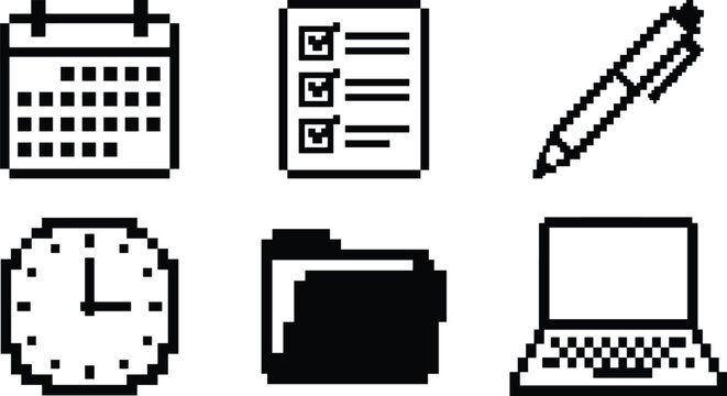 pixel art office icons illustration, calendar checklist pen clock folder laptop set, retro 8 bit vector isolated