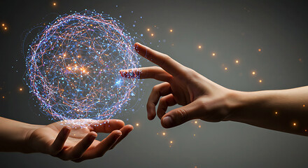 Two hands reaching for a glowing blue and pink network sphere with orange sparks on a dark gray background