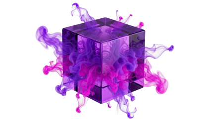 Abstract Cube with Swirling Purple and Pink Smoke