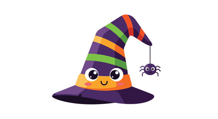 Adorable purple and orange striped witch hat with a friendly smiling face and a tiny spider hanging from the tip.