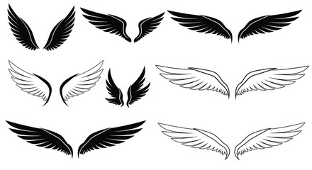 Various styles of black and white wing silhouettes, including feathered angel and bird wings, isolated for graphic design use.