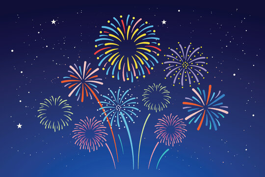 Fireworks background illustration for celebration and festival designs, featuring colorful bursts in the night sky, ideal for New Year, holiday promotions, banners, posters, and social media graphics.