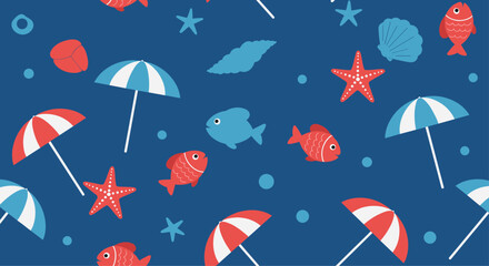 Seamless summer themed pattern with red and blue fish, starfish, seashells, and beach umbrellas on a dark blue sea background. © Talukdar