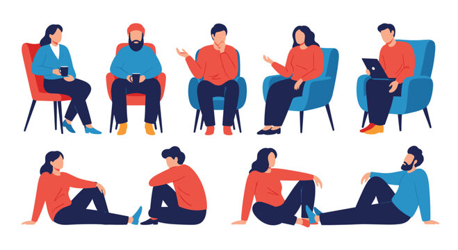 Collection of various people in different sitting and lounging poses including some in armchairs and others resting on the floor.