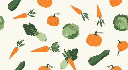 Seamless autumn vegetable pattern with pumpkins, carrots, cabbages, and zucchinis on a light beige background for food designs.