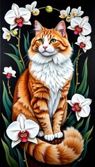 Fototapeta premium A Majestic Orange Tabby Cat Surrounded by Elegant White Orchids in a Lush Green Garden Setting, Highlighting Natural Beauty and Serenity