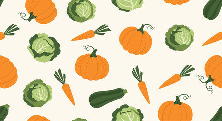 Repeating pattern of fall vegetables like orange pumpkins, green cabbages, and orange carrots on a light cream colored background.