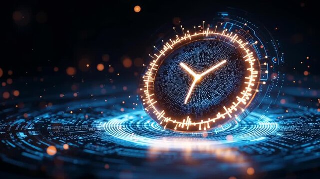 Futuristic Digital Clock Interface with Glowing Data and Abstract Technology