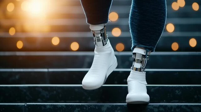 Bionic Leg Ascending Dark Stairs with Warm Bokeh Lights