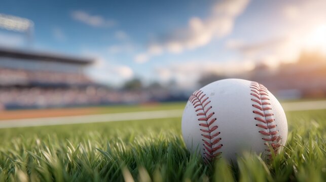 A baseball is sitting on the grass in a field