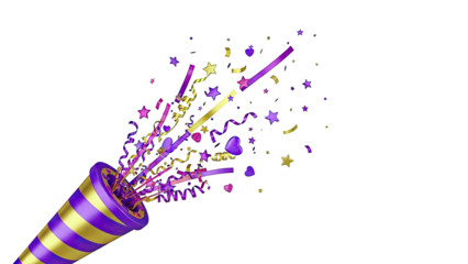 Confetti Popper Explosion with Purple and Gold Stars and Hearts