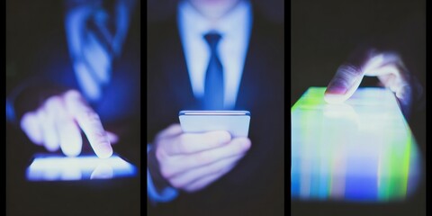 Businessman using smartphone for digital business card exchange and professional networking in a dark office setting with neon aqua and coral glow interface details