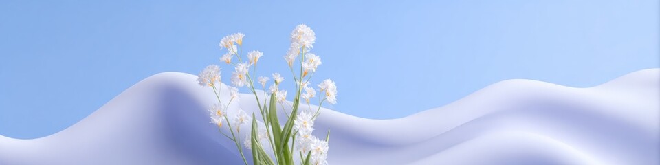 Fototapeta premium White Blooming Flowers Growing Against a Soft Abstract Wave Background for Seasonal Greeting Cards, Spring Botanical Elements, and Fresh Floral Marketing Content