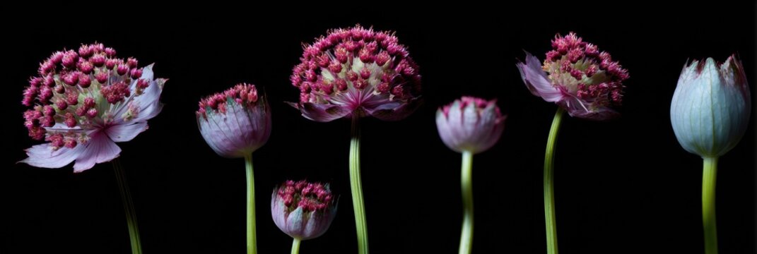 Claret Masterwort Flowers in Full Bloom with Deep Red Astrantia Major Bracts on Slender Stems for Botanical Garden Design Inspiration and Landscaping Commercial Use