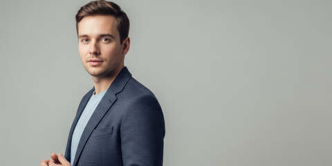 Portrait hand man arm young with cheerful joy joyful laughing background 20s 30s adult male model in blazer confident expression studio light space for copy